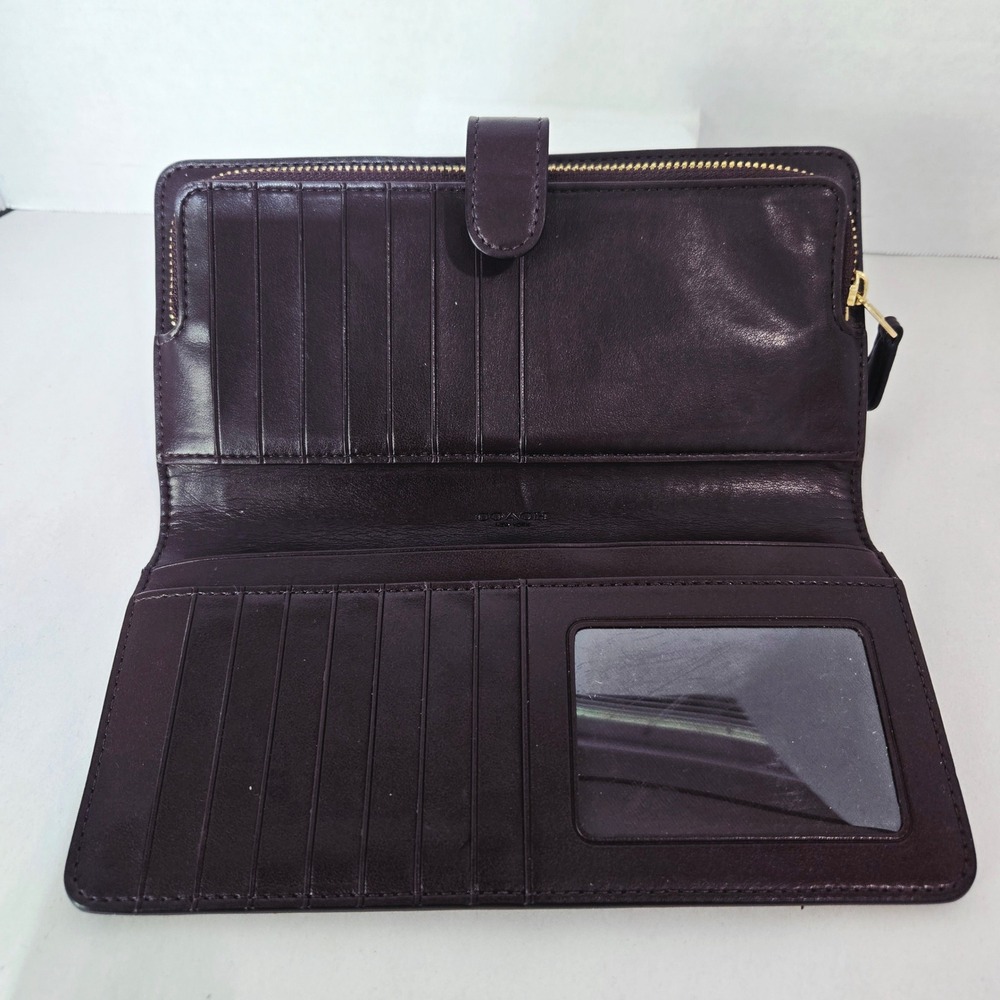 Coach Slim Bifold Wallet Large Burgundy Leather Gold Logo Zip Around #991 - Picture 2 of 8